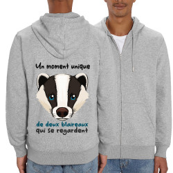 Sweat homme zippé à capuche coton bio gris chiné Un moment unique de deux blaireaux qui se regardent (Zewa,Animaux,Humour)