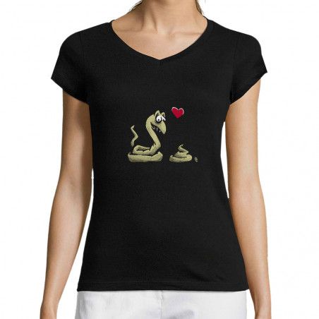 T-shirt femme col V noir Coup de foudre (Laul,Animaux,Humour)