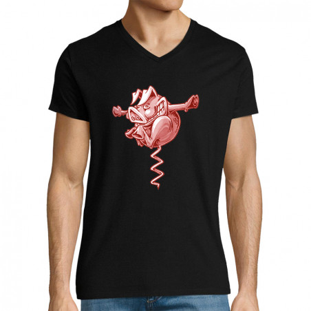T-shirt homme col V noir Tire-cochon (Laul,Animaux,Humour)