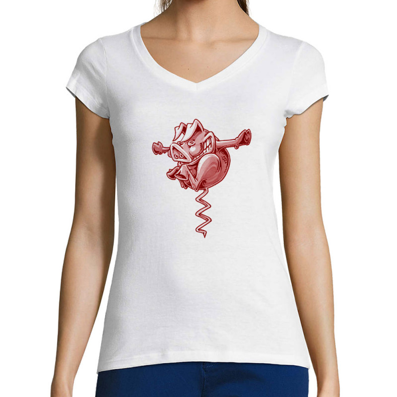 T-shirt femme col V blanc Tire-cochon (Laul,Animaux,Humour)
