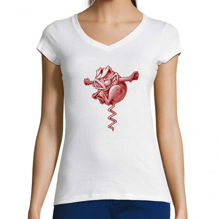 T-shirt femme col V blanc Tire-cochon (Laul,Animaux,Humour)