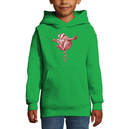 Sweat enfant à capuche vert prairie Tire-cochon (Laul,Animaux,Humour)