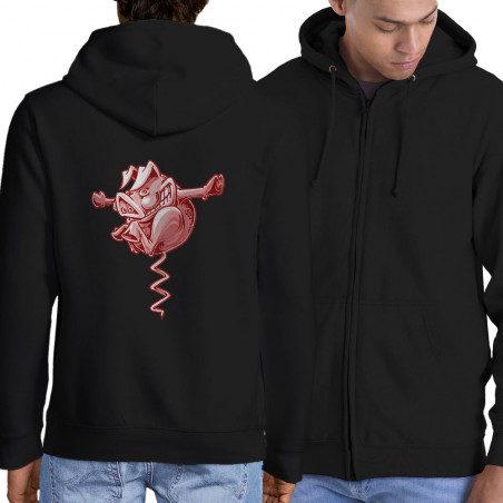 Sweat homme à capuche zippé noir Tire-cochon (Laul,Animaux,Humour)