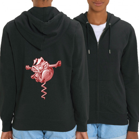 Sweat femme zippé à capuche coton bio noir Tire-cochon (Laul,Animaux,Humour)