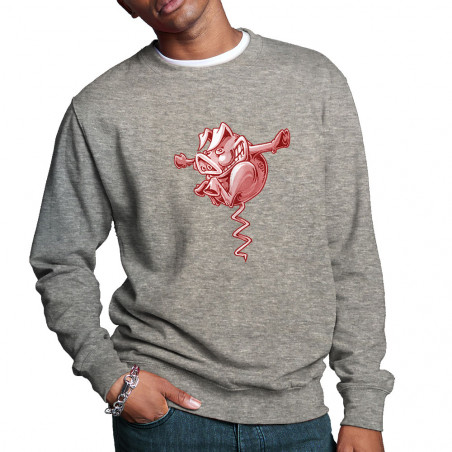Sweat homme col rond gris chiné Tire-cochon (Laul,Animaux,Humour)