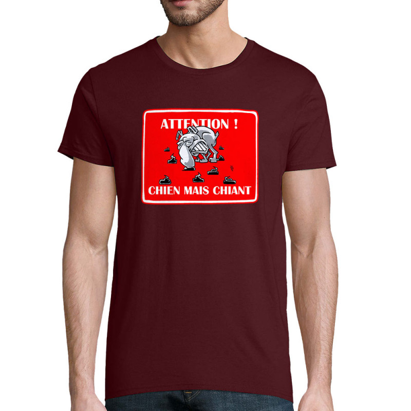 T-shirt homme coton bio bordeaux Attention chien mais chiant (Laul,Animaux,Humour)