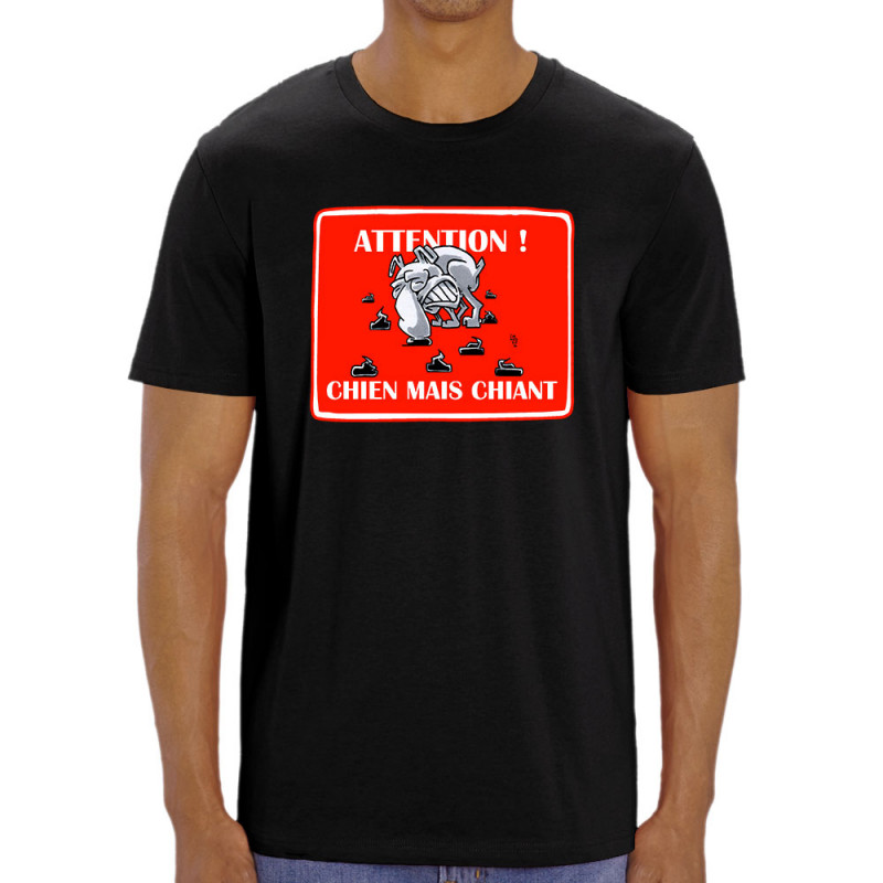 T-shirt homme coton bio noir Attention chien mais chiant (Laul,Animaux,Humour)
