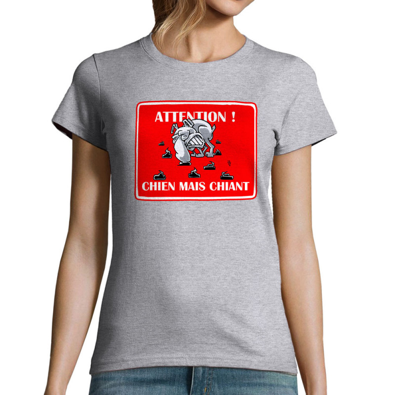 T-shirt femme gris chiné Attention chien mais chiant (Laul,Animaux,Humour)