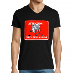 T-shirt homme col V noir Attention chien mais chiant (Laul,Animaux,Humour)