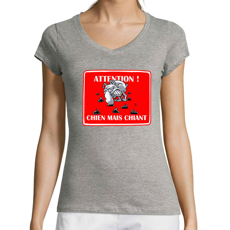 T-shirt femme col V gris chiné Attention chien mais chiant (Laul,Animaux,Humour)