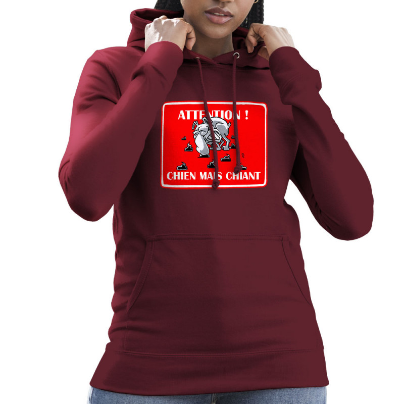 Sweat femme à capuche bordeaux Attention chien mais chiant (Laul,Animaux,Humour)
