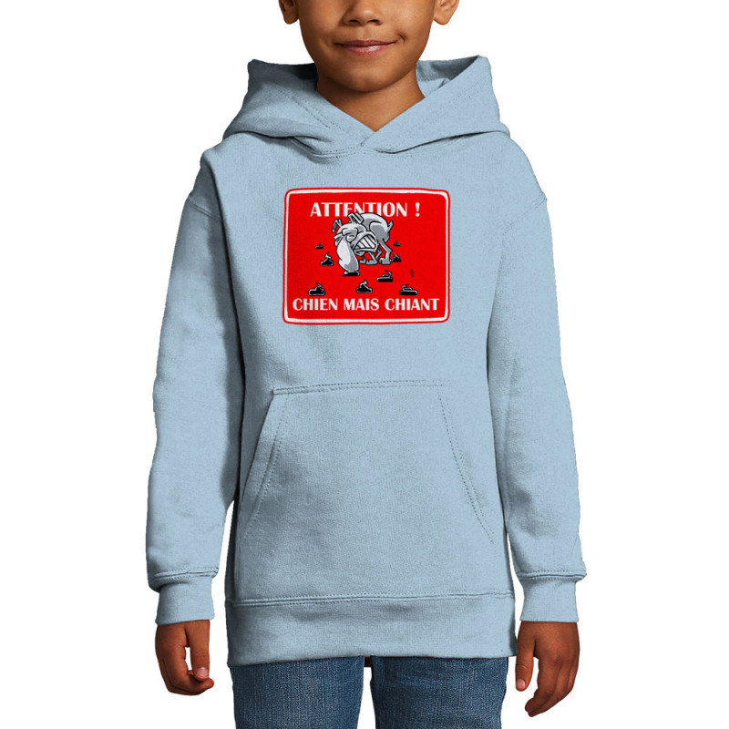Sweat enfant à capuche bleu ciel Attention chien mais chiant (Laul,Animaux,Humour)