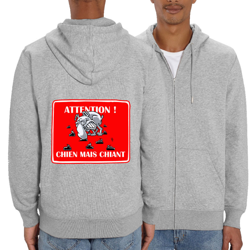 Sweat homme zippé à capuche coton bio gris chiné Attention chien mais chiant (Laul,Animaux,Humour)