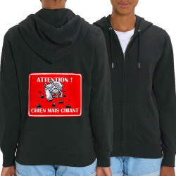 Sweat femme zippé à capuche coton bio noir Attention chien mais chiant (Laul,Animaux,Humour)