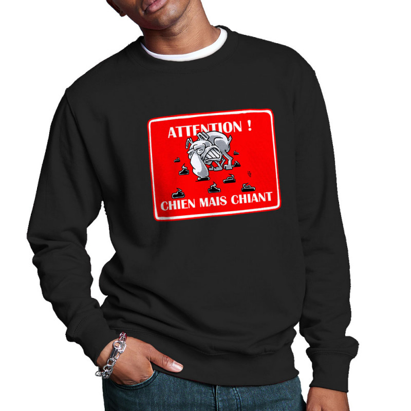 Sweat homme col rond noir Attention chien mais chiant (Laul,Animaux,Humour)