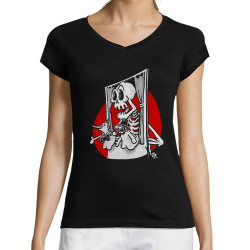 T-shirt femme col V noir Danse la mort (Laul,Têtes de morts)