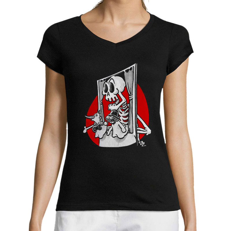 T-shirt femme col V noir Danse la mort (Laul,Têtes de morts)