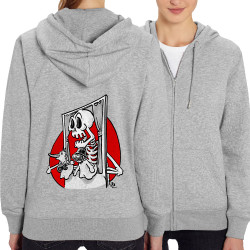 Sweat femme zippé à capuche coton bio gris chiné Danse la mort (Laul,Têtes de morts)