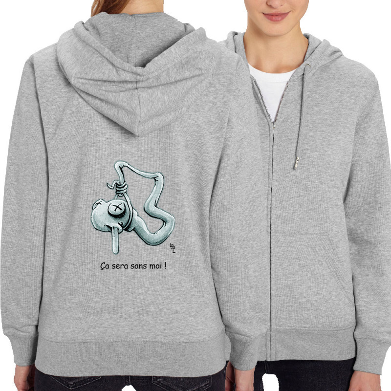 Sweat femme zippé à capuche coton bio gris chiné Ça sera sans moi (Laul)