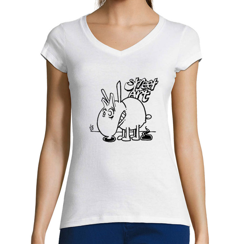T-shirt femme col V blanc Street Art (Laul,Animaux,Humour)