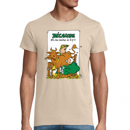 T-shirt homme coton bio naturel Bécassine et la vache à 5 pis (Laul,Animaux,Humour)
