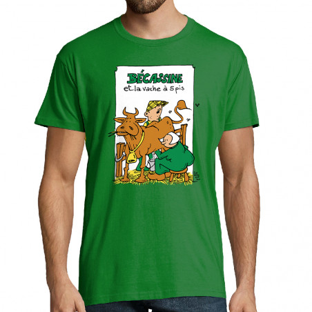 Tee-shirt homme vert prairie Bécassine et la vache à 5 pis (Laul,Animaux,Humour)