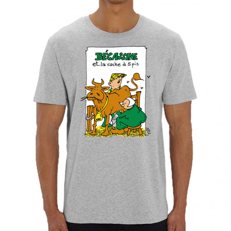 T-shirt homme coton bio gris chiné Bécassine et la vache à 5 pis (Laul,Animaux,Humour)