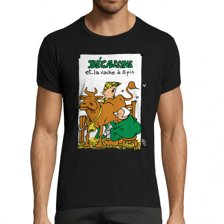 T-shirt homme fit noir Bécassine et la vache à 5 pis (Laul,Animaux,Humour)