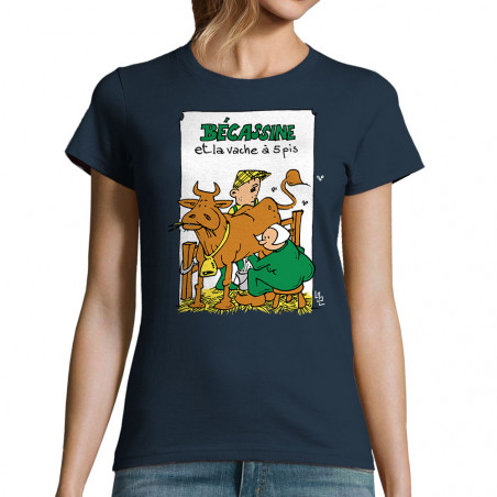 T-shirt femme bleu marine Bécassine et la vache à 5 pis (Laul,Animaux,Humour)