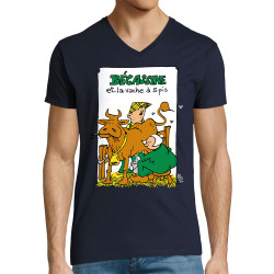 T-shirt homme col V bleu marine Bécassine et la vache à 5 pis (Laul,Animaux,Humour)