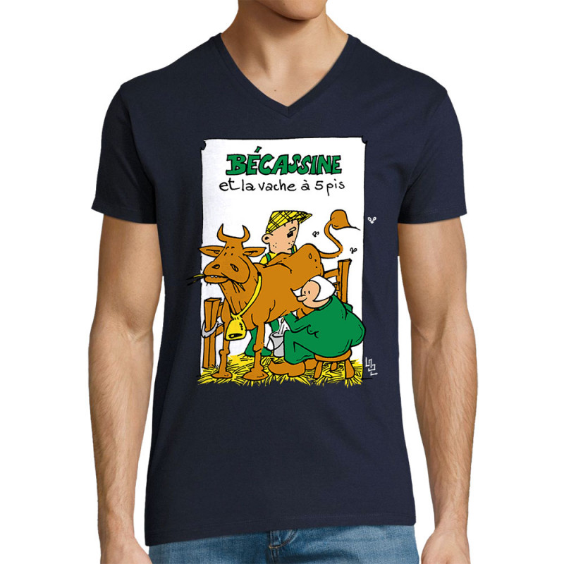 T-shirt homme col V bleu marine Bécassine et la vache à 5 pis (Laul,Animaux,Humour)