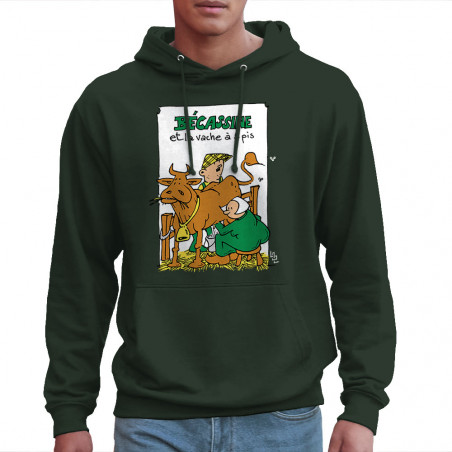 Sweat homme à capuche vert foncé Bécassine et la vache à 5 pis (Laul,Animaux,Humour)