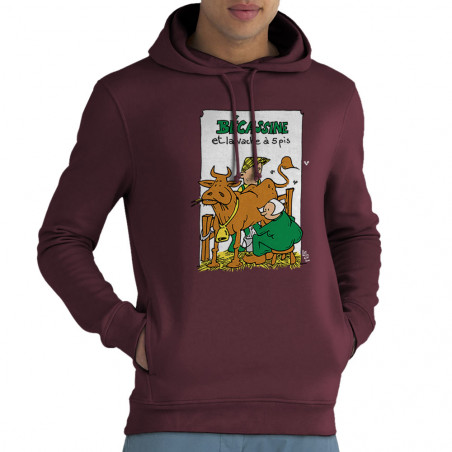 Sweat homme à capuche coton bio bordeaux Bécassine et la vache à 5 pis (Laul,Animaux,Humour)