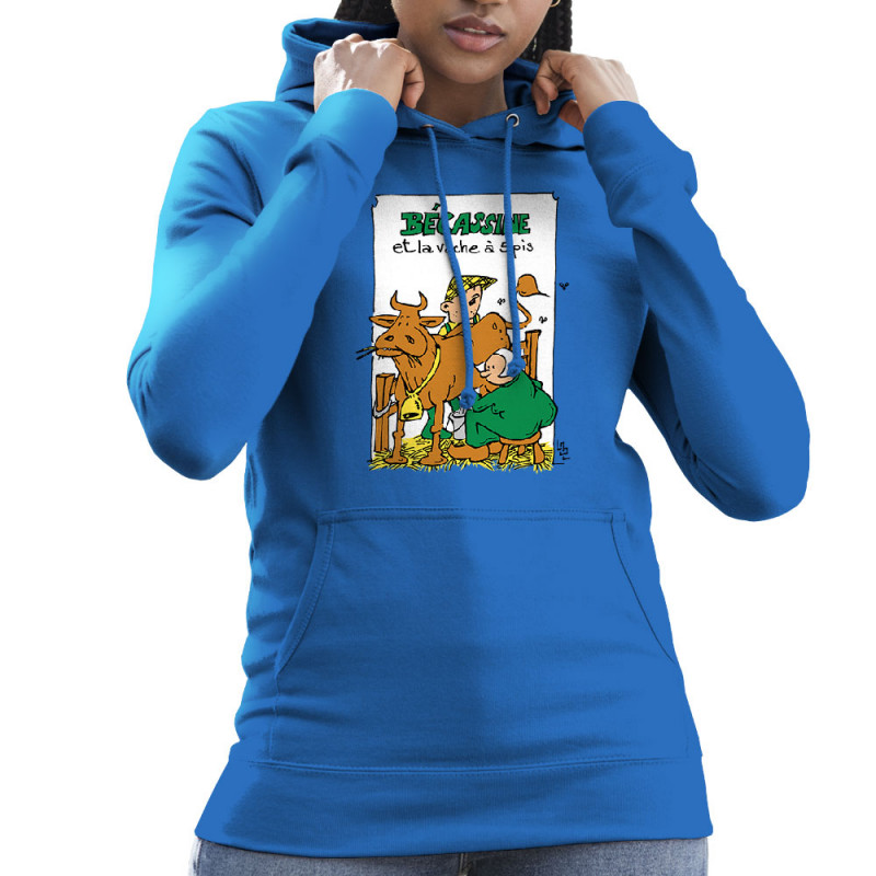 Sweat femme à capuche bleu royal Bécassine et la vache à 5 pis (Laul,Animaux,Humour)