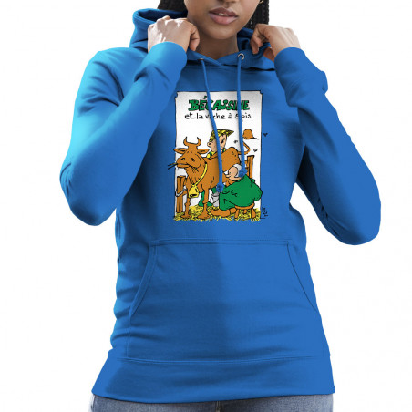Sweat femme à capuche bleu royal Bécassine et la vache à 5 pis (Laul,Animaux,Humour)