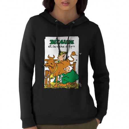 Sweat femme à capuche coton bio noir Bécassine et la vache à 5 pis (Laul,Animaux,Humour)