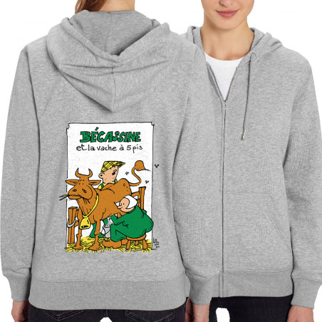 Sweat femme zippé à capuche coton bio gris chiné Bécassine et la vache à 5 pis (Laul,Animaux,Humour)