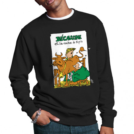 Sweat homme col rond noir Bécassine et la vache à 5 pis (Laul,Animaux,Humour)