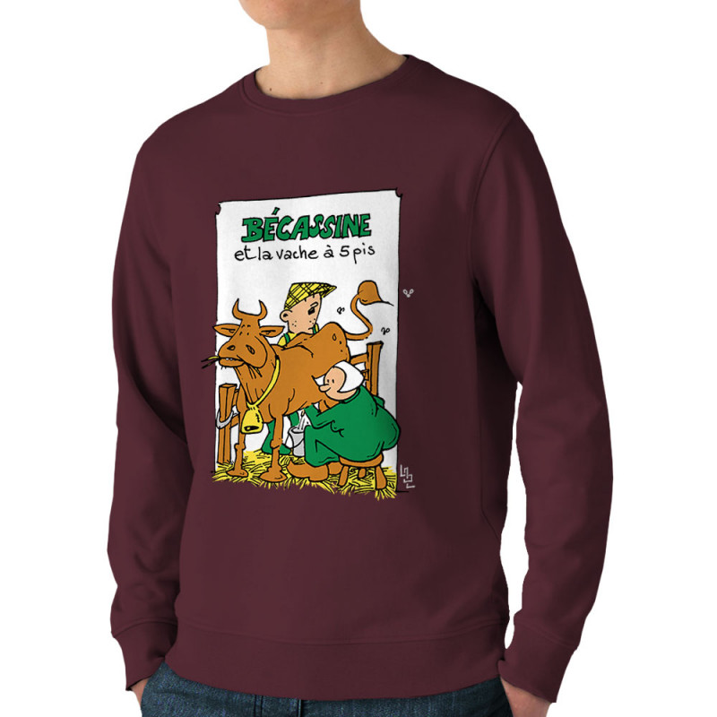 Sweat homme bio col rond bordeaux Bécassine et la vache à 5 pis (Laul,Animaux,Humour)