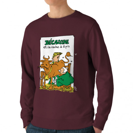 Sweat homme bio col rond bordeaux Bécassine et la vache à 5 pis (Laul,Animaux,Humour)