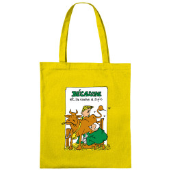 Sac shopping en toile jaune Bécassine et la vache à 5 pis (Laul,Animaux,Humour)