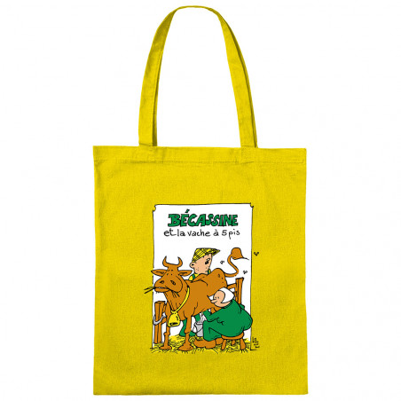 Sac shopping en toile jaune Bécassine et la vache à 5 pis (Laul,Animaux,Humour)