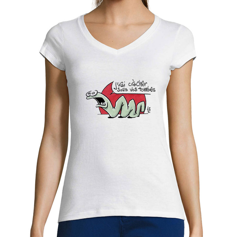 T-shirt femme col V blanc Asticot (Laul,Animaux)