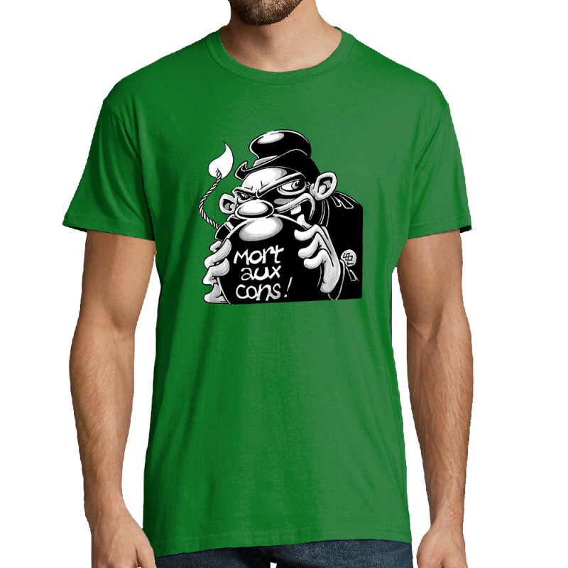 Tee-shirt homme vert prairie Mort aux cons (Laul,Slogans Débiles)