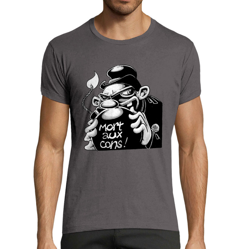 T-shirt homme fit gris foncé Mort aux cons (Laul,Slogans Débiles)