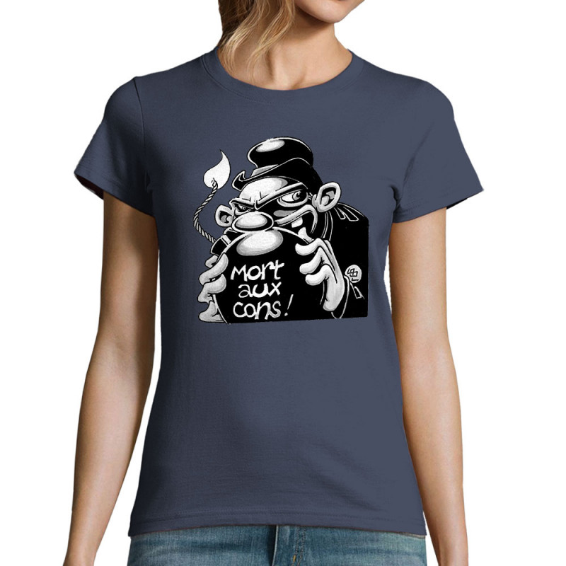 T-shirt femme bleu denim Mort aux cons (Laul,Slogans Débiles)
