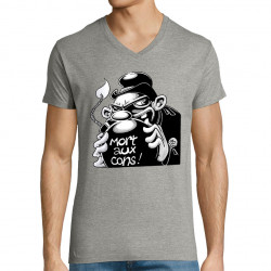 T-shirt homme col V gris chiné Mort aux cons (Laul,Slogans Débiles)