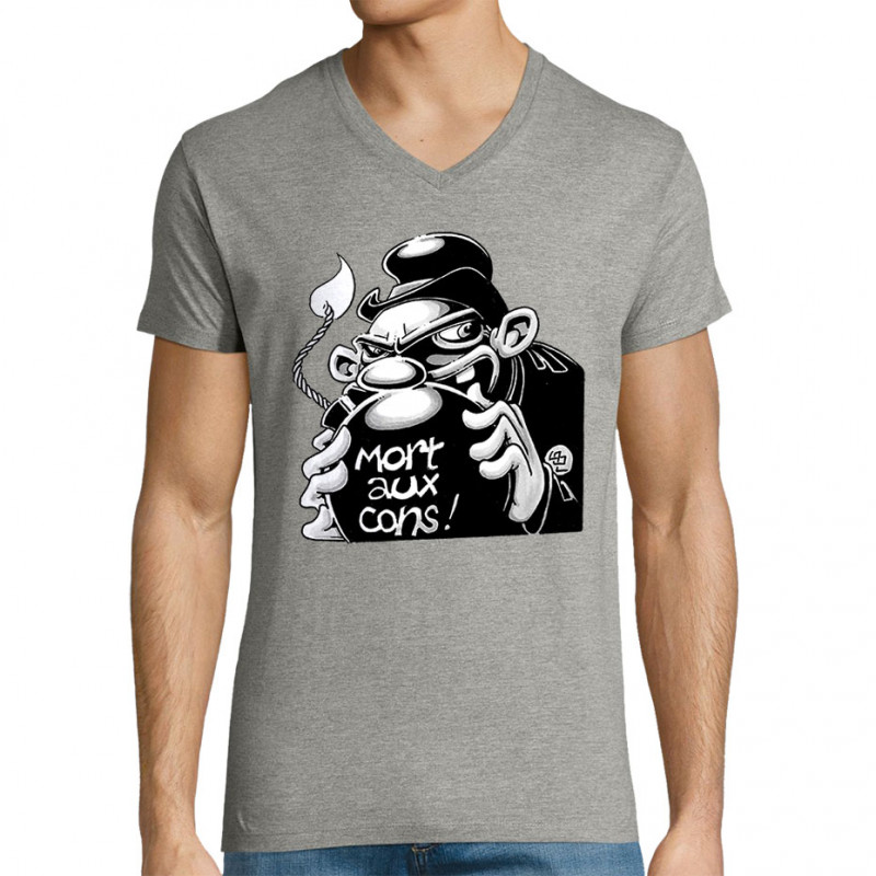 T-shirt homme col V gris chiné Mort aux cons (Laul,Slogans Débiles)