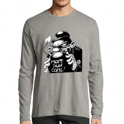 T-shirt homme manches longues gris chiné Mort aux cons (Laul,Slogans Débiles)