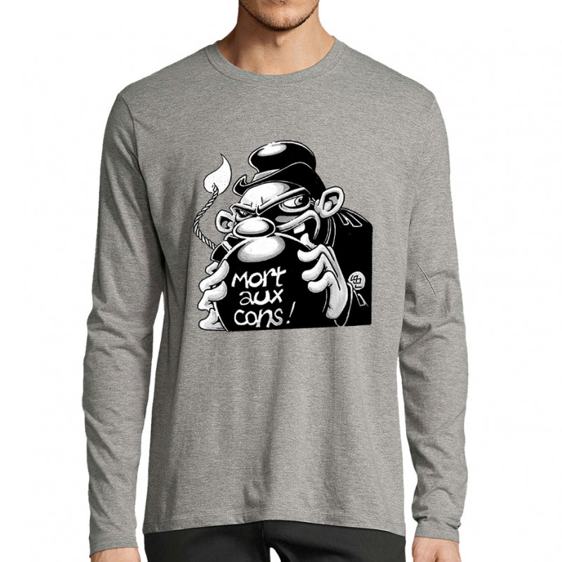 T-shirt homme manches longues gris chiné Mort aux cons (Laul,Slogans Débiles)